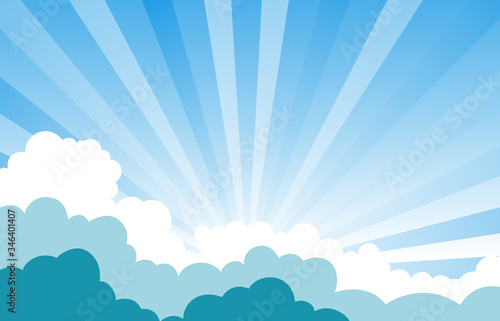 Blue sky and sun rays with clouds . blue green cloud  background illustration.