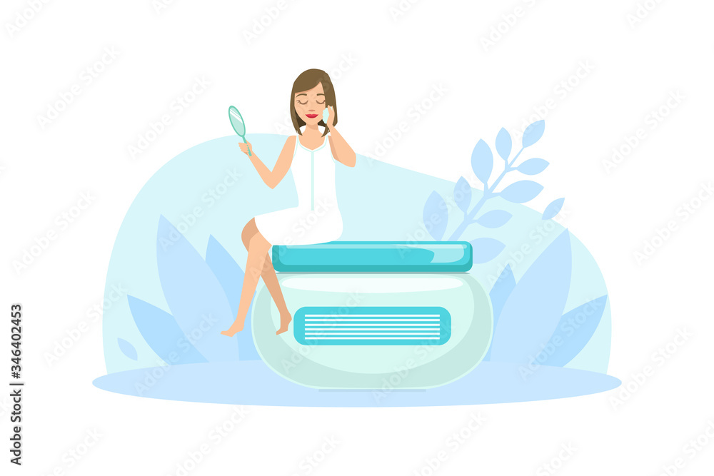 Obraz premium Tiny Beautiful Young Woman Sitting on Huge Cosmetic Jar, Spa and Hygiene Procedures Flat Vector Illustration