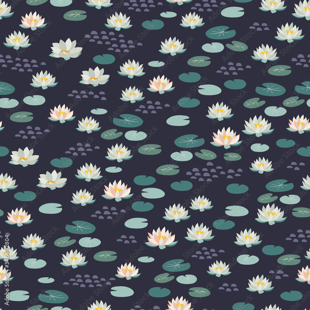 Lake seamless pattern design with water lily flowers and leaves, vector ...