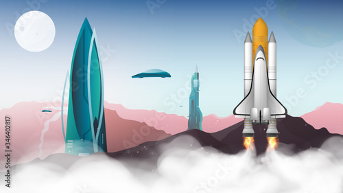 Fototapeta Naklejka Na Ścianę i Meble -  City of the future with unusual buildings. Space shuttle. The booster takes off. City on Mars. Flying transport. Fantasy, collonization of planets. Vector.