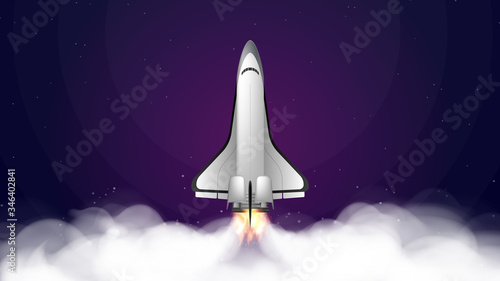 Space trip. Purple banner on the theme of space flight. Space shuttle. Fighter. Rocket Carrier is taking off. Vector.