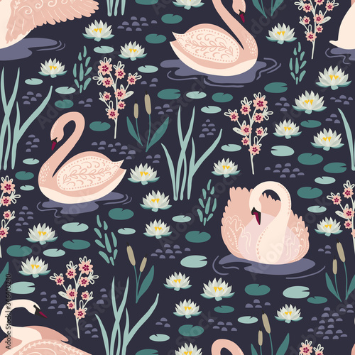 Beautiful spring seamless pattern with cute hand drawn vector swan birds for kids products design. Cute baby repeating background for fabric, textile, nursery,wallpaper,scrapbook