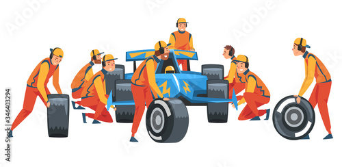 Pit Stop Crew Members in Uniform Changing Tire Wheels, Professional Mechanics and Racers Cartoon Characters Vector Illustration