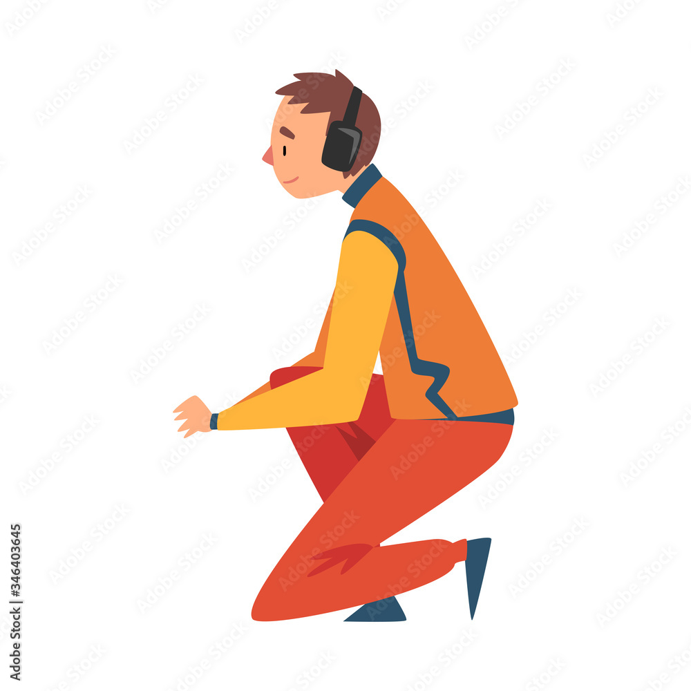Squatting Professional Mechanic Cartoon Character in Unifrom and Earphones, Maintenance of Racing Car, Side View Vector Illustration