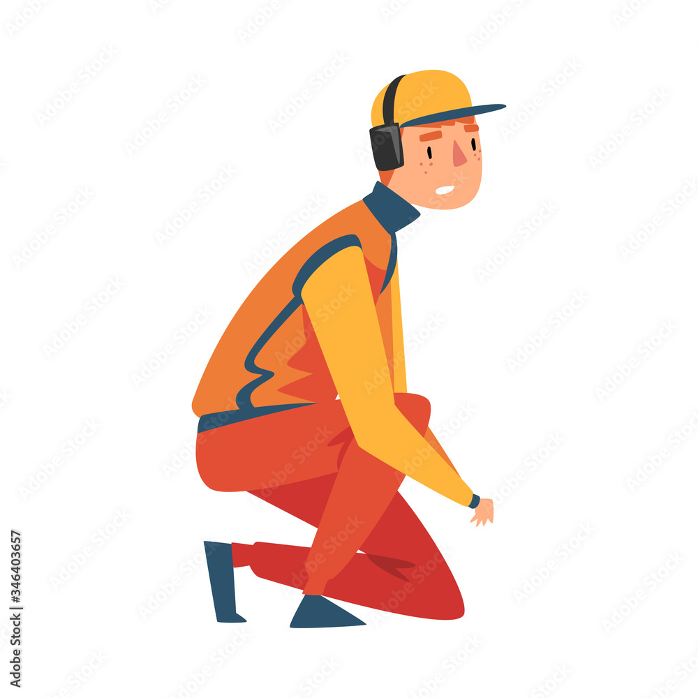 Squatting Professional Mechanic Cartoon Character in Unifrom and Earphones, Maintenance of Racing Car, Pit Stop Crew Member Vector Illustration