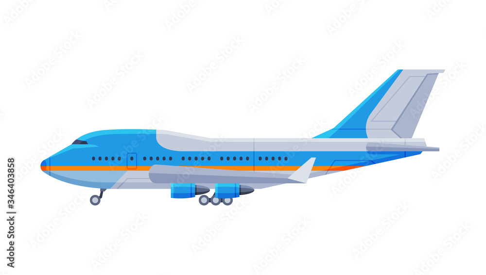 Passenger Airliner, Government or Presidential Vehicle, Luxury Business Transportation, Side View Flat Vector Illustration