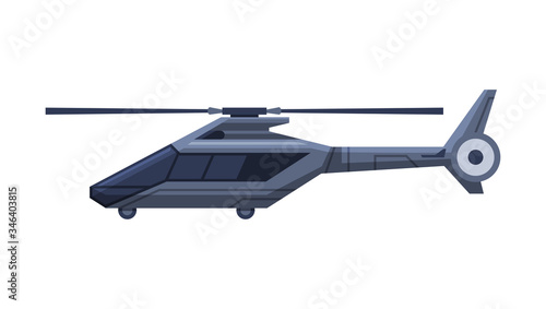 Black Helicopter Vehicle, Government or Presidential Auto, Luxury Business Transportation, Side View Flat Vector Illustration