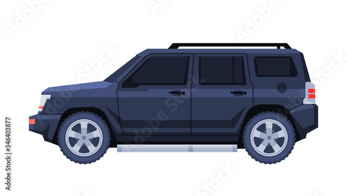 Black Jeep Car, Government or Presidential Off Road Vehicle, Luxury Business Transportation, Side View Flat Vector Illustration © topvectors
