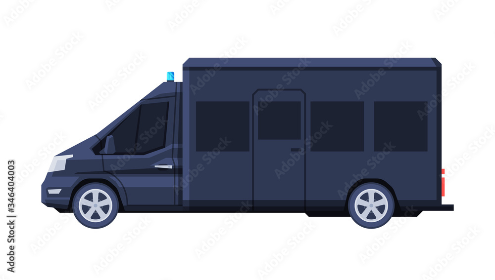 Black Mini Van Vehicle, Government or Presidential Auto, Luxury Business Transportation, Side View Flat Vector Illustration