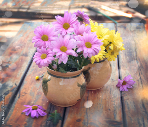 Wallpaper Mural Spring flowers in a vase on the table. Multi-colored summer bouquets of chrysanthemums. The concept of summer bouquets. Allergy to flowers. Home garden. Decor and comfort in the house. Torontodigital.ca