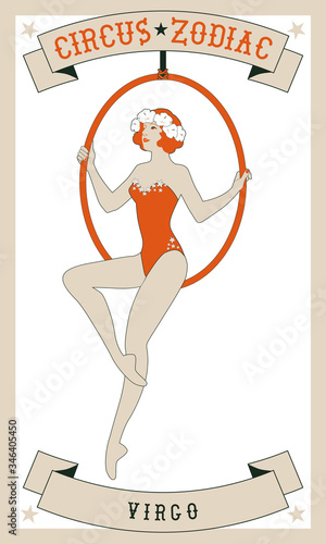 Zodiac Circus. Virgo sign. Young trapeze artist girl sitting on a hoop