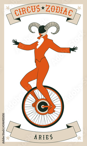 Zodiac Circus. Aries sign. Tightrope walker wearing horns acting on unicycle