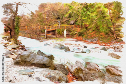 Artificial waterfall on the river Termopotamos. Imitation of a picture. Oil paint. Illustration photo