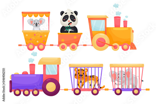 Vector set of cartoon children train with animals. Flat vivid puffer carrying circus animals on white isolated background