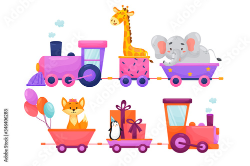 Vector set of cartoon children train with animals. Flat vivid puffer carrying circus animals on white isolated background
