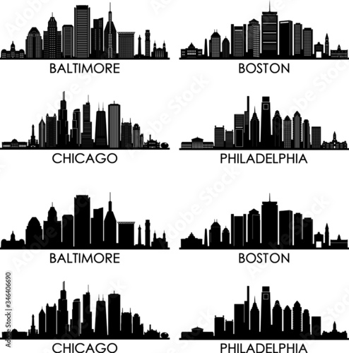 BALTIMORE CHICAGO BOSTON PHILADELPHIA City Skyline Silhouette Cityscape Vector