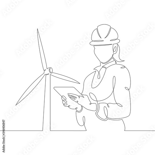 female engineer with a tablet in a helmet against the background of a wind power station, clean renewable energy