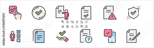 Approve Filled Outline Icons. Colorful Linear Set Vector Line Icon. Protection Guarantee, Accepted Document, Quality Check and more. 64x64 Pixel Perfect. Editable Stroke