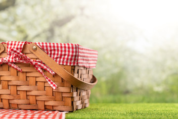 On green grass, a picnic basket against the backdrop of the landscape. A backdrop for relaxing and spending the weekend. Picnic and relaxation