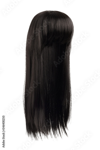 Subject shot of a natural looking black wig with bangs. The long wig with straight strands is isolated on the white background.