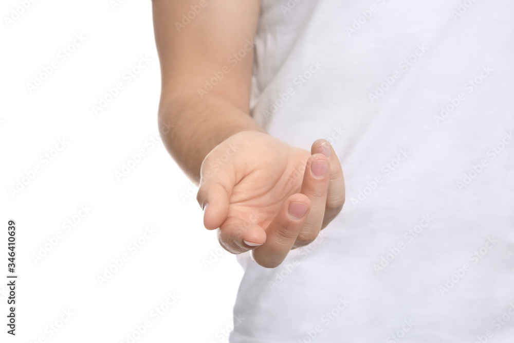 Man extending hand on white background, closeup Man extending hand on white background, closeup