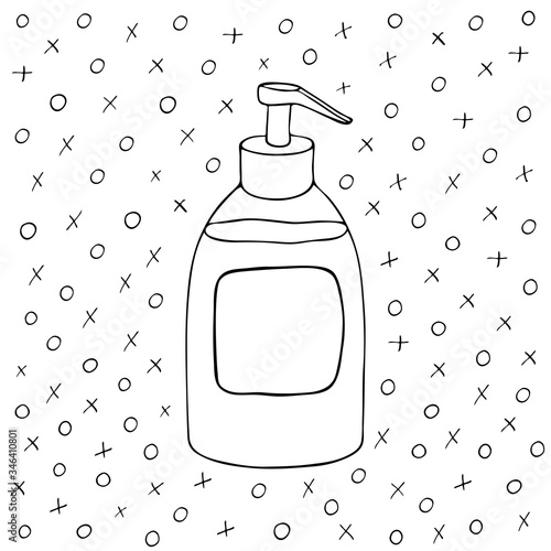 Liquid soap hand drawn with a black line. Antibacterial agent. Coloring. Vector illustration. Isolated objects on a white background.