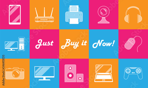 Set of 12 icons, symbols and images of digital and computer technology, gadgets in retro style. Caption Just Buy It Now. Vector horizontal