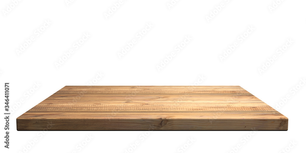 Empty wooden shelf isolated cutout on white wall background. Perspective view. 3d illustration Empty wooden shelf isolated cutout on white wall background. Perspective view. 3d illustration