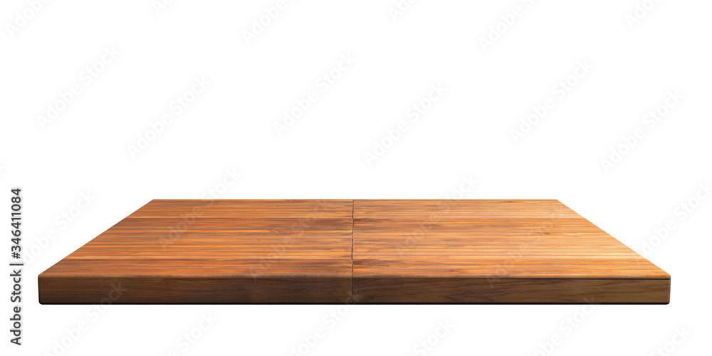 Empty wooden shelf isolated cutout on white wall background. Perspective view. 3d illustration Empty wooden shelf isolated cutout on white wall background. Perspective view. 3d illustration