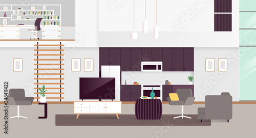 Large living room with stylish and modern furniture, kitchen, office room on second floor