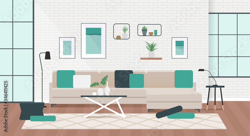 Living room interior with comfortable sofa, coffee table and plants