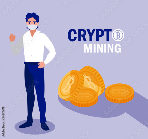 Man with mask and bitcoins vector design