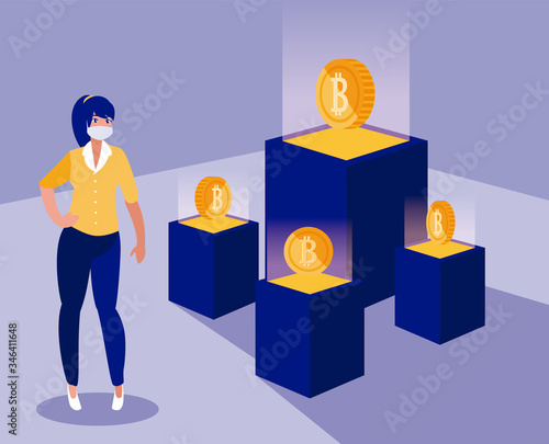 Woman with mask and bitcoins boxes vector design