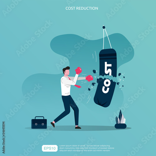 Cost reduction or efficiency design concept. Businessman character punch hardly the punching bag with word "cost" on it. Metaphor vector illustration, Business template