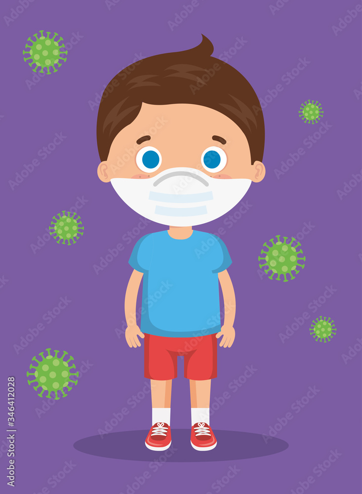 cute boy using face mask with particles covid 19 vector illustration design cute boy using face mask with particles covid 19 vector illustration design