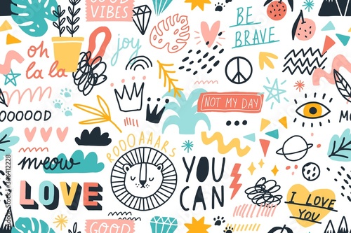 Different hand drawn design elements animals, plants, symbols and handwritten...
