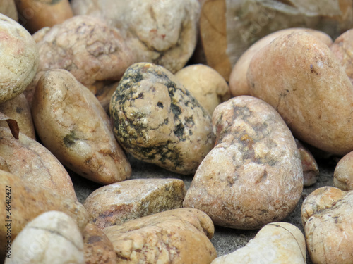 Yellow rebbles on the shore. Round stones on the coast. Beautiful natural background. Close up.