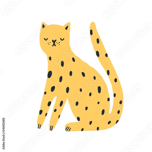 Cartoon amusing spotted wild animal vector flat illustration. Cute african leopard sitting isolated on white background. Exotic feline elegant dangerous predator in doodle style