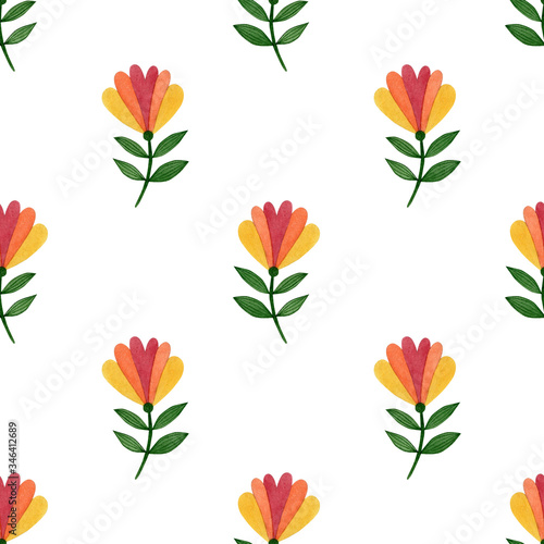 Hand-drawn watercolor seamless pattern with decorative folk flowers on a white background.