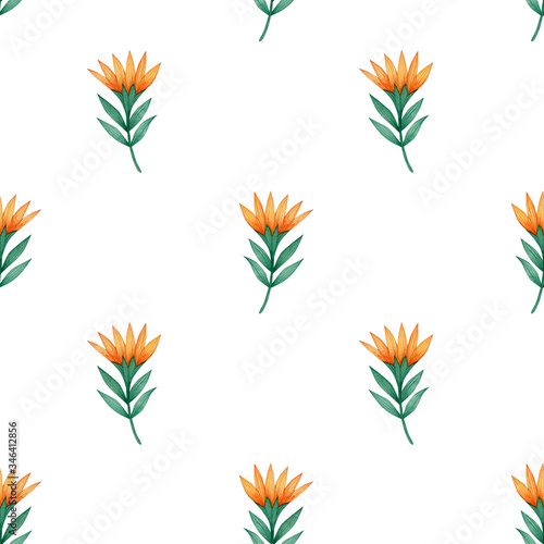 Watercolor seamless pattern with decorative folk flowers on a white background.