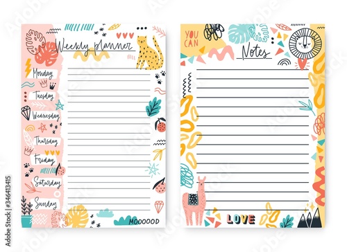Set of colorful doodle weekly planner and notes template with place for text vector flat illustration. Cute plan, list of tasks, diary, event reminder for week decorated by phrase and design element