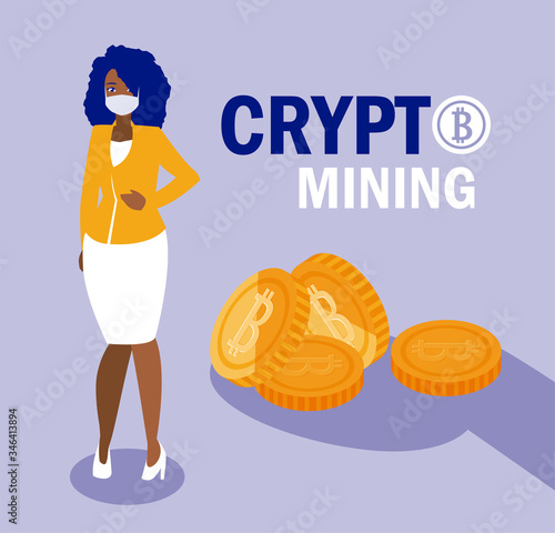 Woman with mask and bitcoins vector design