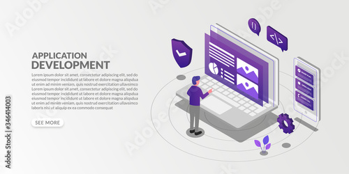 Mobile application development in isometric style, UX UI design concept