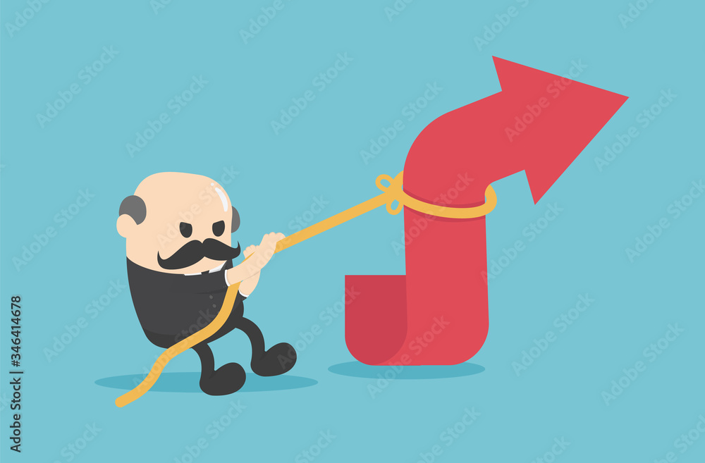 Fotografie Elderly businessman is using a rope to pull the arrow graph