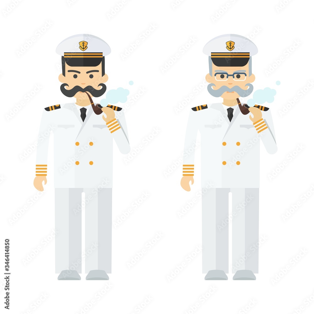 Young and elderly naval captain smokes a pipe.