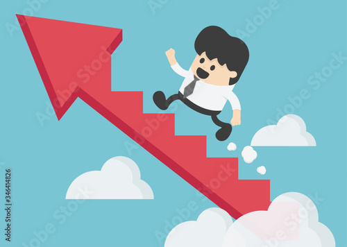 Young businessman climbing the arrow stairs to success