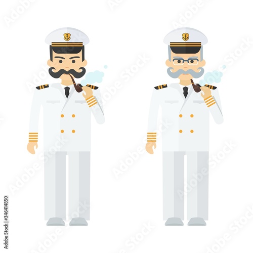 Young and elderly naval captain smokes a pipe.