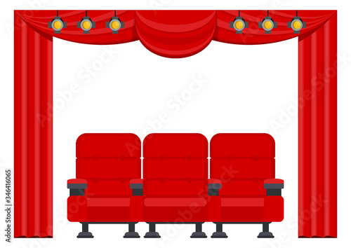 Three red comfortable armchairs in the cinema. Cinema seats illustration.