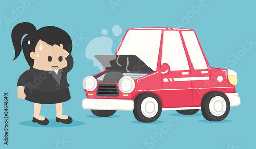 Stressed businesswoman near broken car