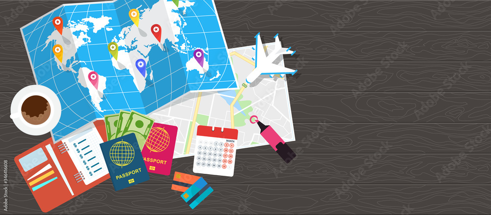 Diary for travel planning. World tour poster. Flat vector illustration.